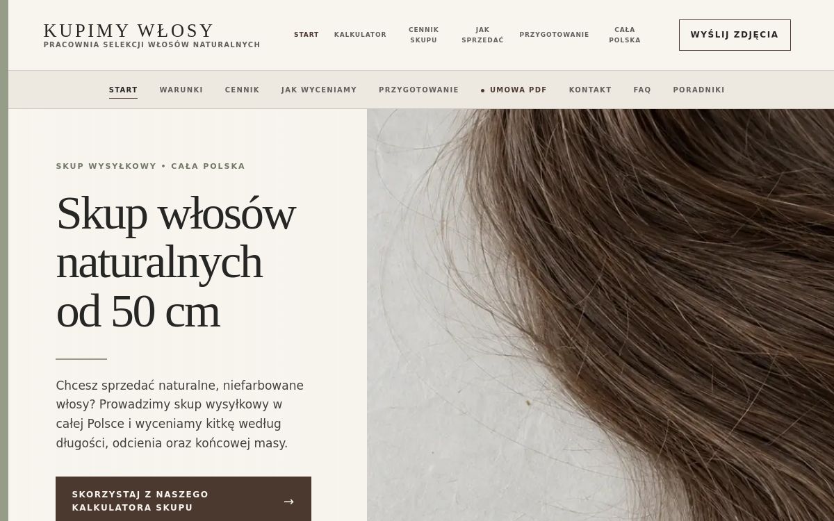 Podgląd strony Kupimy Włosy z informacjami o skupie naturalnych włosów.